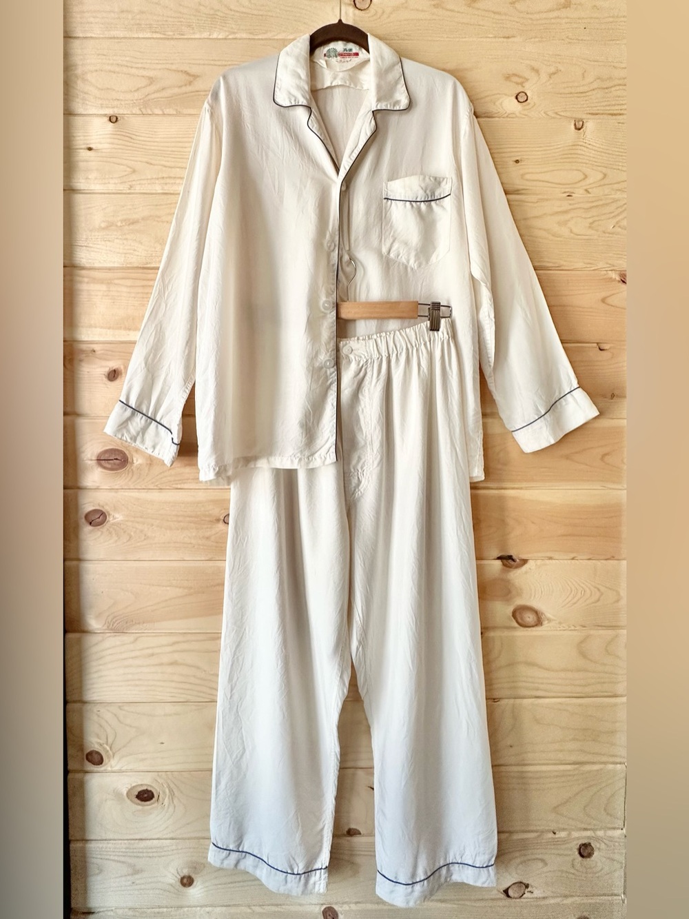 Vintage Peacock Silk Pajama Lounge Set Ivory Button Down Elastic Waist Piping S
